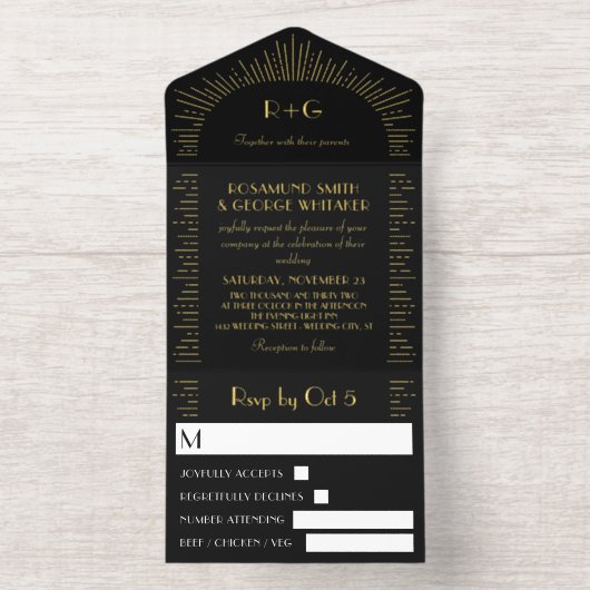 Retro Black Golden Sunbursts Monogram Wedding All-in-One-Einladung (Innenseite)