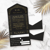Retro Black Golden Sunbursts Monogram Wedding All-in-One-Einladung