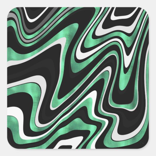 Retro Black Green Wavy Lines Modernes Design Quadratischer Aufkleber (Vorderseite)