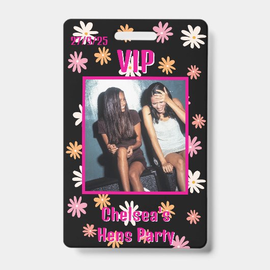 Retro Black & Pink Daisy Hen Party VIP Pass Ausweis (Front)