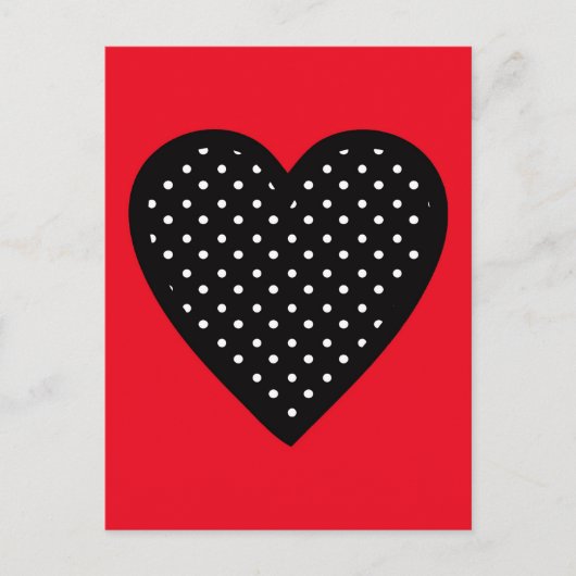 Retro Black Polka Dot Herz auf rotem Hintergrund Postkarte (Vorderseite)