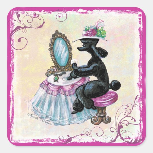 Retro Black Poodle in ihrem Boudoir Quadratischer Aufkleber (Vorderseite)