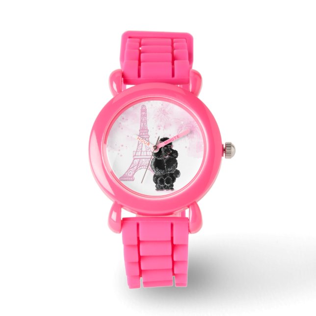 Retro Black Poodle Pink Eiffelturm Armbanduhr (Vorderseite)