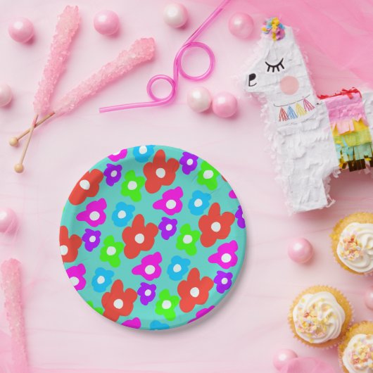 Retro Black Rainbow Farbige Blume Muster Pappteller (Party)