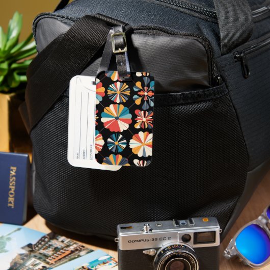 Retro Black Rainbow geometric Flowers Pattern Gepäckanhänger (Vorderseite & Rückseite)