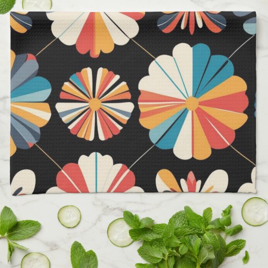 Retro Black Rainbow geometric Flowers Pattern Geschirrtuch (Gefaltet)