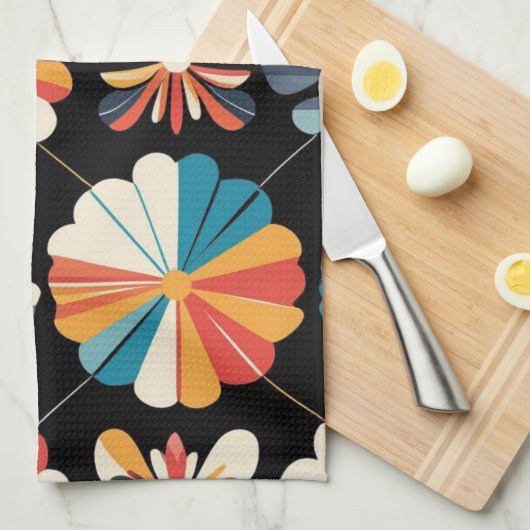 Retro Black Rainbow geometric Flowers Pattern  Geschirrtuch (Viertel Falte)