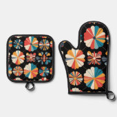 Retro Black Rainbow geometric Flowers Pattern Ofenhandschuh & Topflappen-Set (Vorderseite)