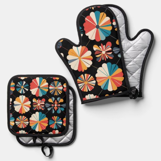 Retro Black Rainbow geometric Flowers Pattern Ofenhandschuh & Topflappen-Set (Vorderseite/Rückseite)