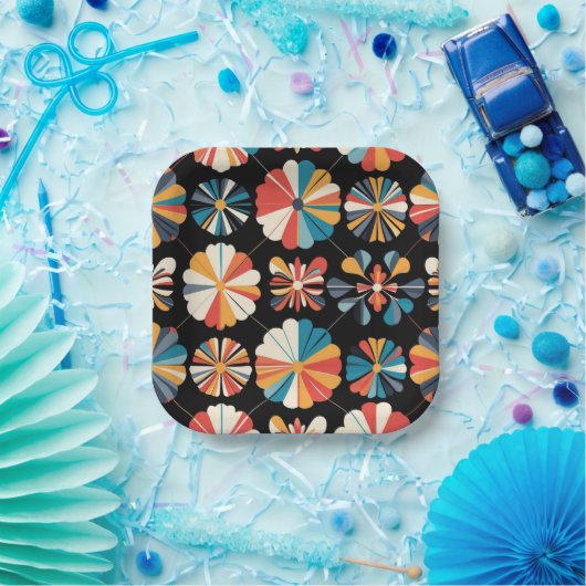 Retro Black Rainbow geometric Flowers Pattern Pappteller (Party)