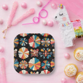 Retro Black Rainbow geometric Flowers Pattern Pappteller (Party)
