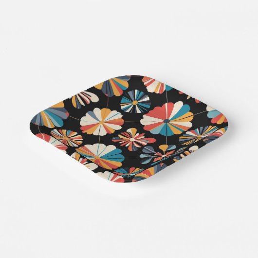 Retro Black Rainbow geometric Flowers Pattern  Pappteller (Gewinkelt)