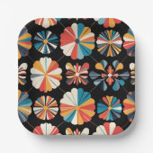 Retro Black Rainbow geometric Flowers Pattern Pappteller (Vorderseite)