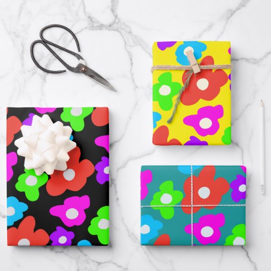 Retro Black Rainbow Stolz Blume Muster Geschenkpapier Set (Vorderseite)