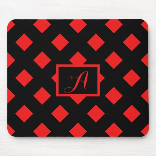 Retro Black & Red Diamond Muster Monogramm Mousepad (Vorne)