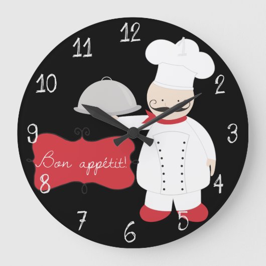 Retro Black Red & White Chef Bon Appetit! Große Wanduhr (Vorderseite)