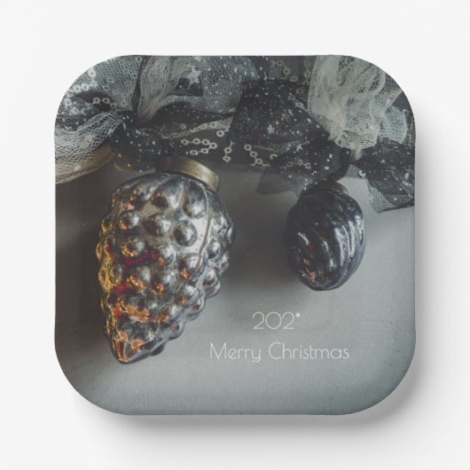 Retro Black Silver Weihnachtsschmuck mit Ribbon Pappteller (Vorderseite)
