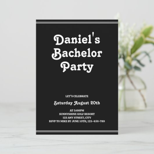 Retro Black Simple Groovy Bachelor Party Einladung (Stehend Vorderseite)