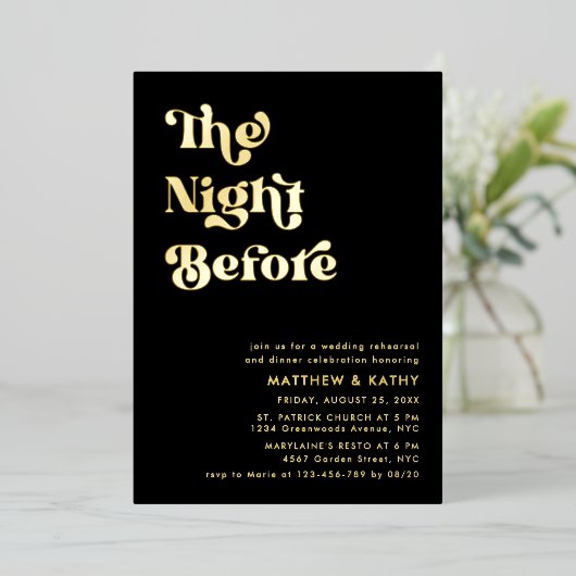 Retro Black Typografy Probe Dinner Gold Folieneinladung (Stehend vorne)