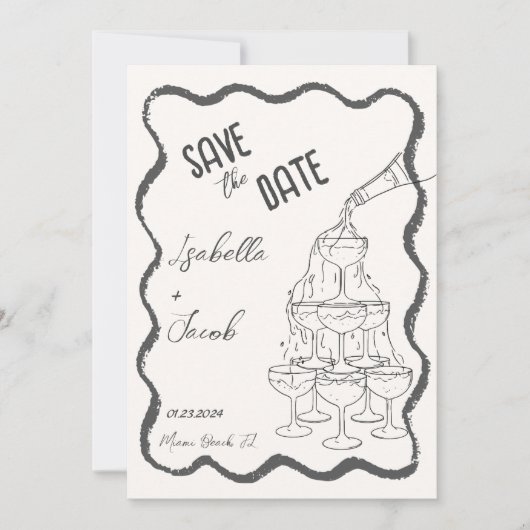 Retro Black & White Champagner Tower Save the Date Einladung (Vorderseite)