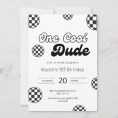 Retro Black & White Checkered Muster 1. Geburtstag Einladung (Vorderseite)