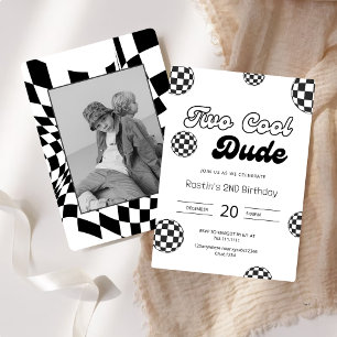 Retro Black & White Checkered Muster 2. Geburtstag Einladung