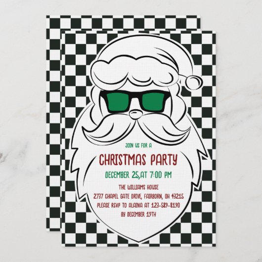 Retro Black White Checkered Santa Claus Christmas Einladung (Vorne/Hinten)
