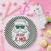 Retro Black White Checkered Santa Claus Christmas Pappteller (Party)