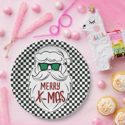 Retro Black White Checkered Santa Claus Christmas Pappteller (Party)