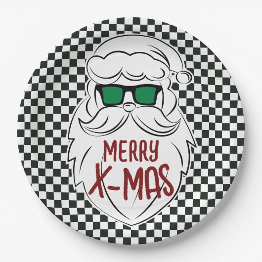 Retro Black White Checkered Santa Claus Christmas Pappteller (Vorderseite)
