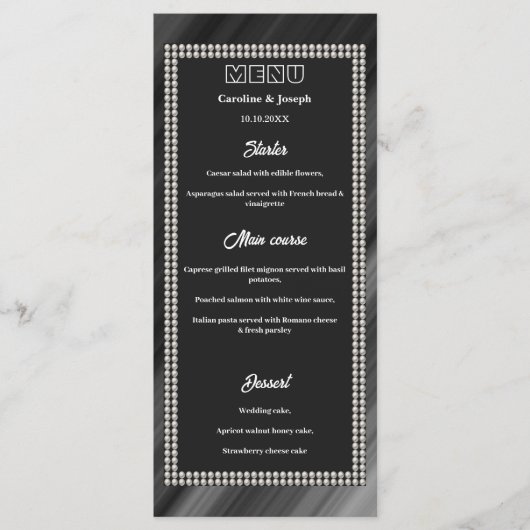 Retro Black & White, Pearls Wedding Menu Menükarte (Vorderseite)