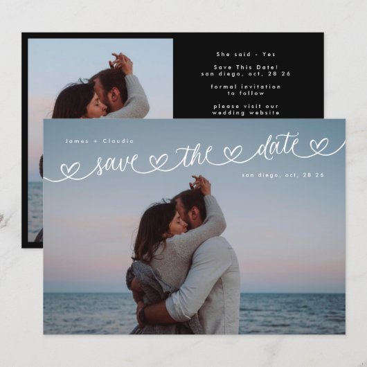 Retro Black & White Wedding Website QR Code Photo Save The Date (Vorne/Hinten)