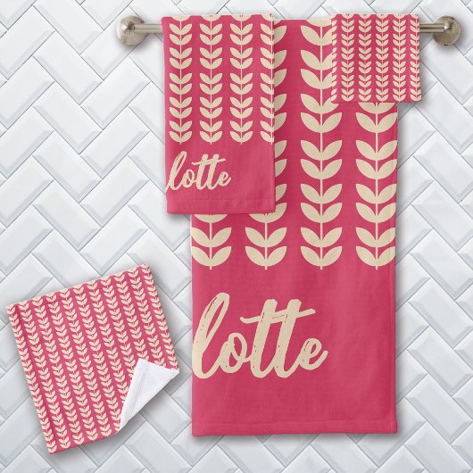 Retro-Blattmuster Vintage-Monogramm Rosa Badhandtuch Set