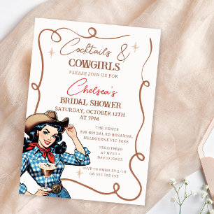 Retro Blau Braune Cocktails Cowgirls Brautparty Einladung