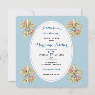 Retro Blau Fleur de Lys Baby Shower Einladung