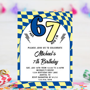 Retro Blau Gelb Kariert 6 7 Junge 7. Geburtstag Einladung