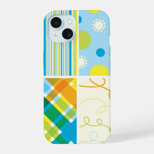 Retro Blau Gelb Karomuster Punkte Kritzeleien iPhone 15 Hülle