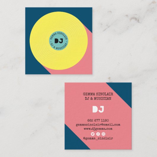 Retro blau gelb moderne Musik Dj Vinyl Musiker Quadratische Visitenkarte (Vorne/Hinten)