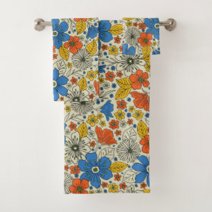 Retro Blau, Gelb und Orangen Badhandtuch Set