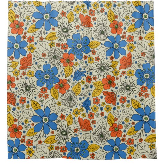 Retro Blau, Gelb und Orangen Duschvorhang (Vorderseite)