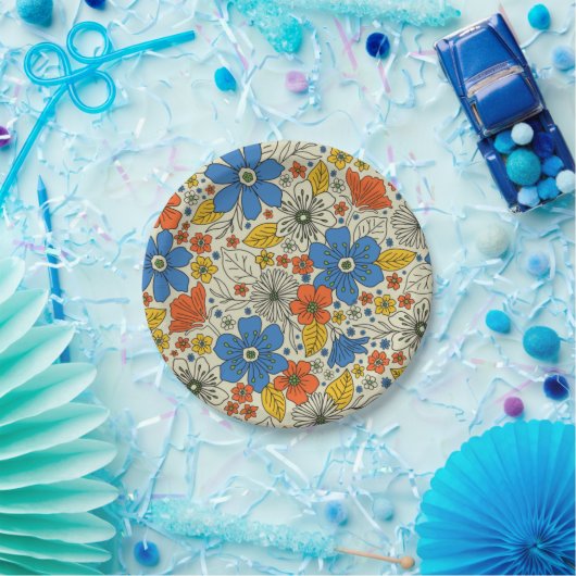 Retro Blau, Gelb und Orangen Pappteller (Party)