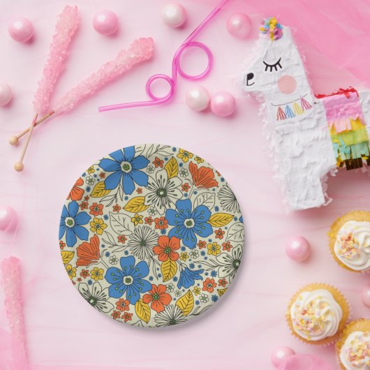 Retro Blau, Gelb und Orangen Pappteller (Party)