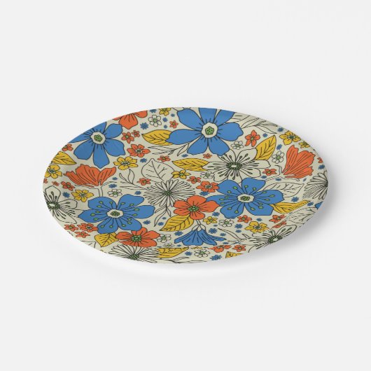 Retro Blau, Gelb und Orangen Pappteller (Schrägansicht)
