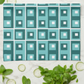 Retro Blau Geometrisches Quadratmuster Geschirrtuch (Gefaltet)