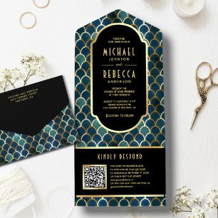 Retro Blau Gold Waagen Art Deco QR Code Hochzeit All In One Einladung