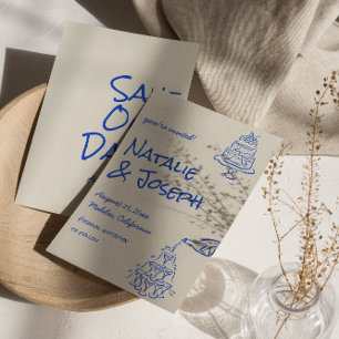 Retro Blau Handgezeichnete Champagner-Turm-Torte H Save The Date