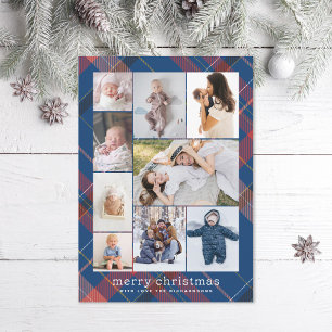 Retro-Blau-Karierter Frohe-Weihnachten-Collage-Fot Feiertagskarte