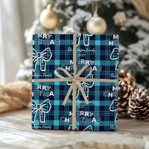 Retro Blau Kariertes Whimsical Weihnachten Geschenkpapier