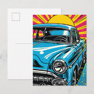 Retro Blau Klassiker Auto Front Pop-Art-Illustrati Postkarte
