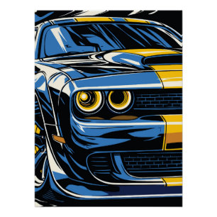 Retro Blau Muscle Car Front Pop-Art-Illustration Poster